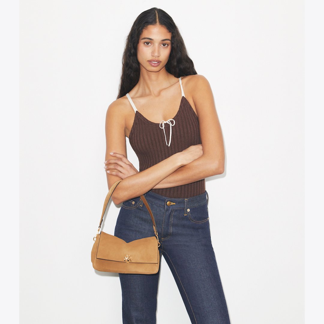 Tory Burch Small Charlie Suede Shoulder Bag Toffee