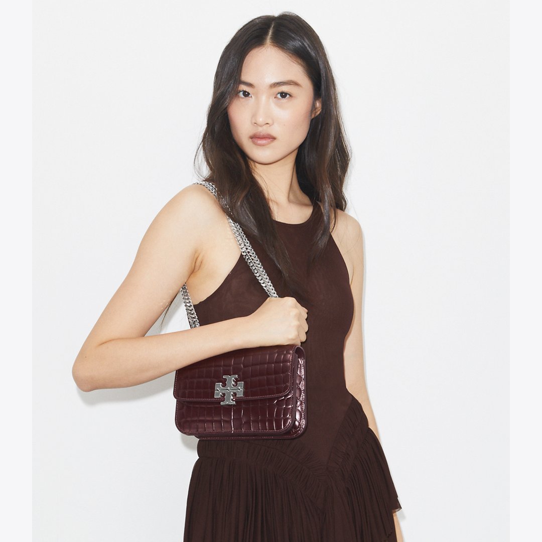 Tory Burch Small Eleanor Croc-Embossed Shoulder Bag Deep Burgundy