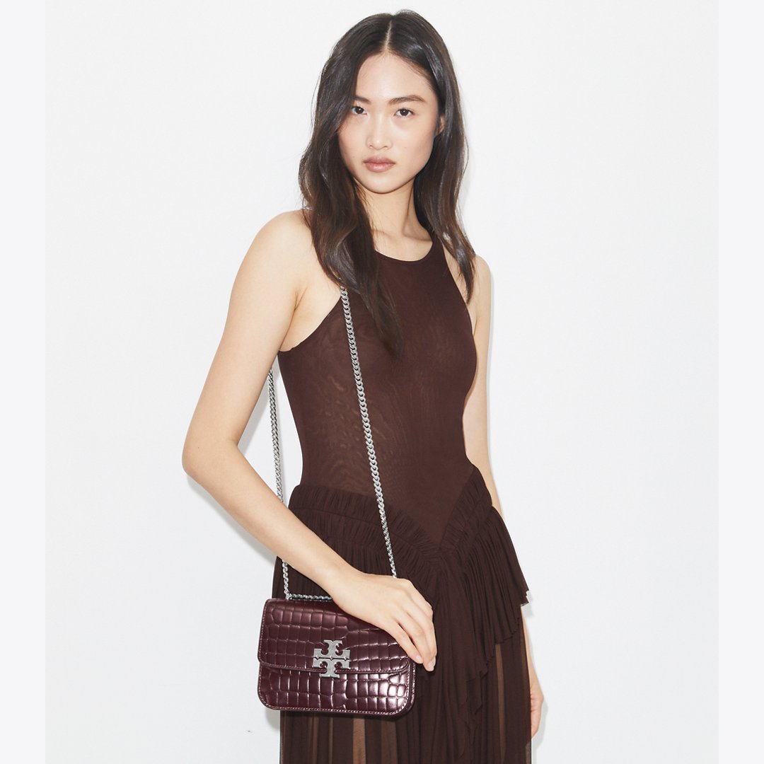 Tory Burch Small Eleanor Croc-Embossed Shoulder Bag Deep Burgundy