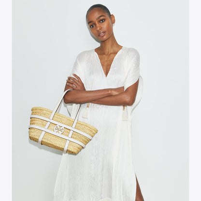 Tory Burch Small Ella Croc-Embossed Straw Basket Blanc