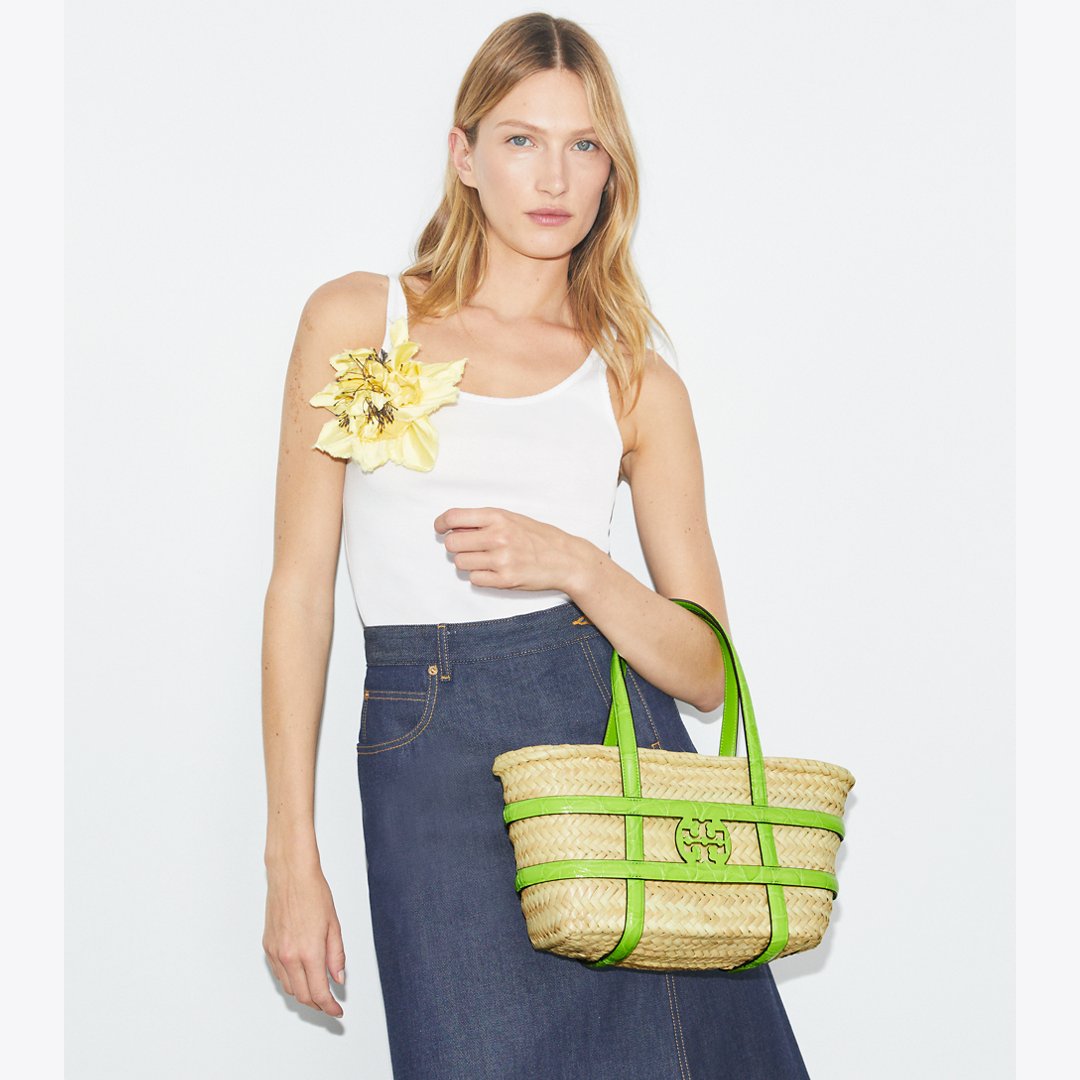 Tory Burch Small Ella Croc-Embossed Straw Basket Bright Fern