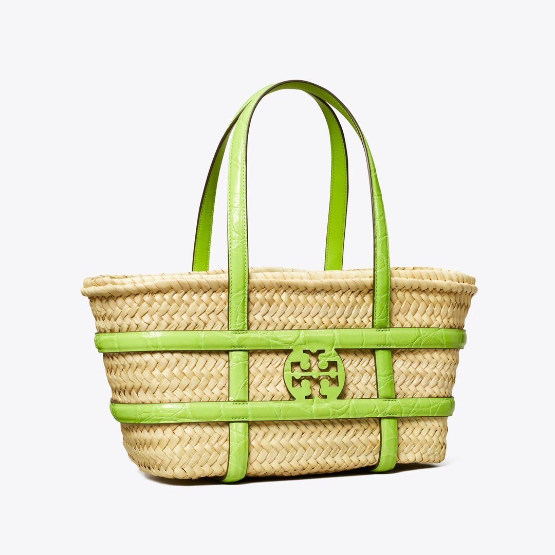 Tory Burch Small Ella Croc-Embossed Straw Basket Bright Fern
