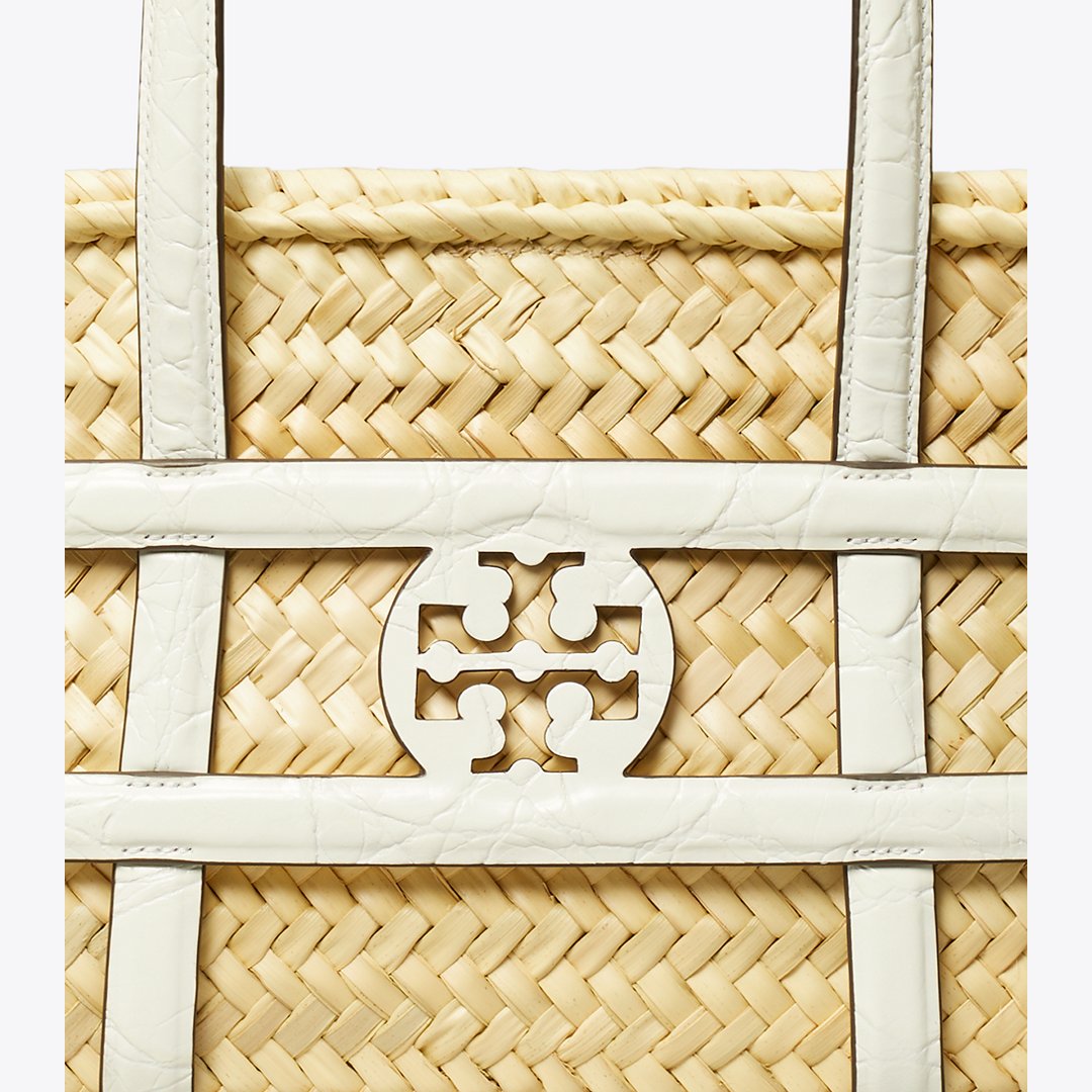 Tory Burch Small Ella Croc-Embossed Straw Basket Blanc