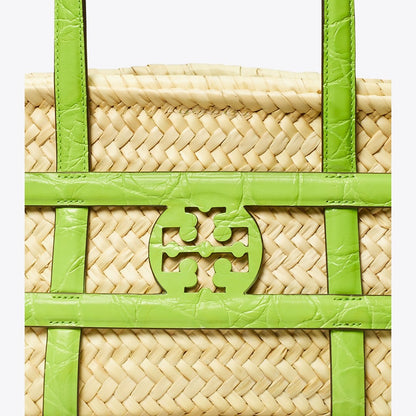Tory Burch Small Ella Croc-Embossed Straw Basket Bright Fern