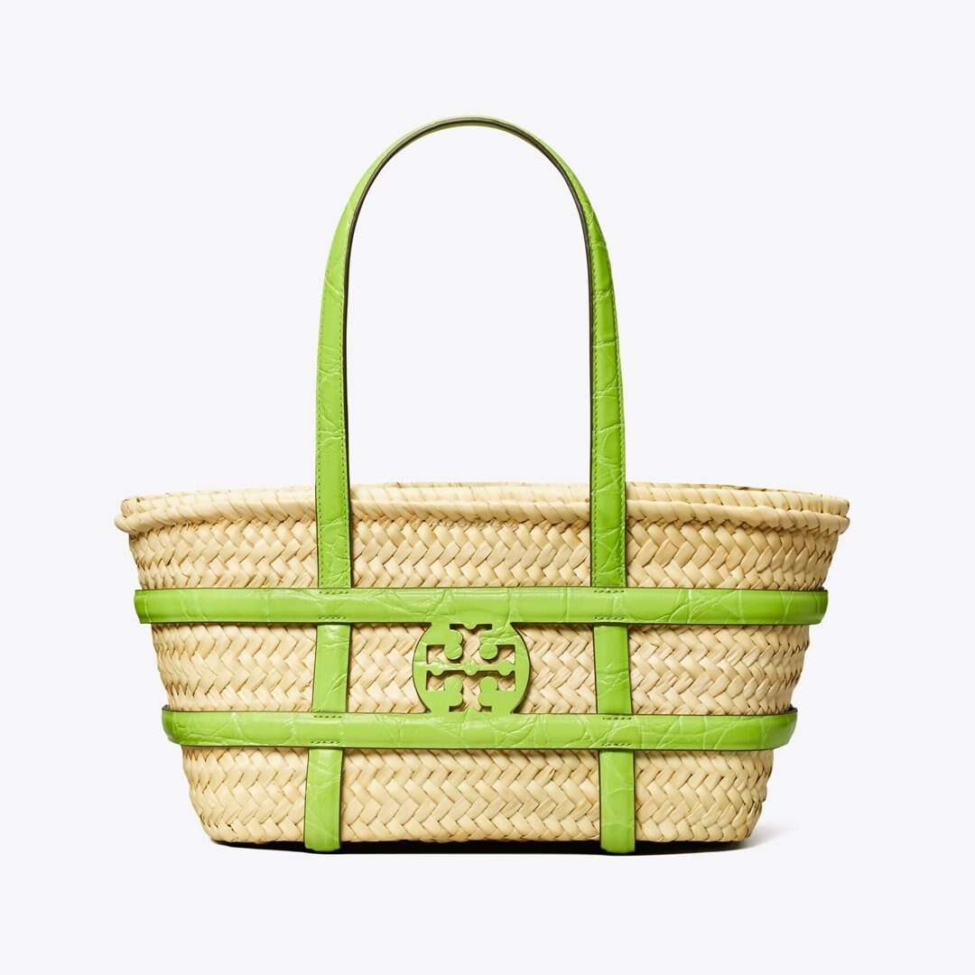 Tory Burch Small Ella Croc-Embossed Straw Basket Bright Fern