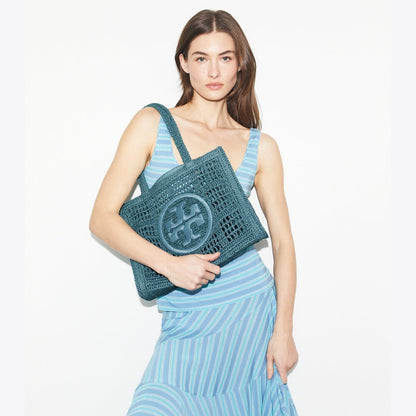 Tory Burch Small Ella Hand-Crocheted Tote Deep Slate