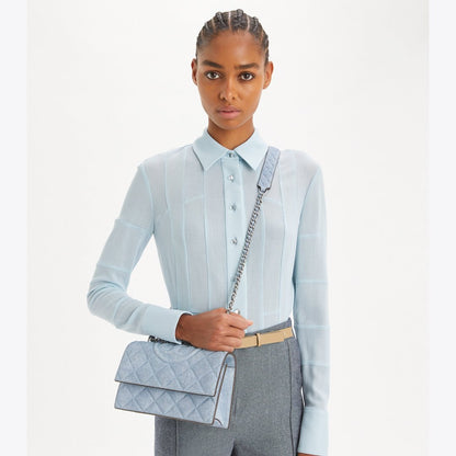 Tory Burch Small Fleming Denim-Print Suede Shoulder Bag Medium Wash Denim