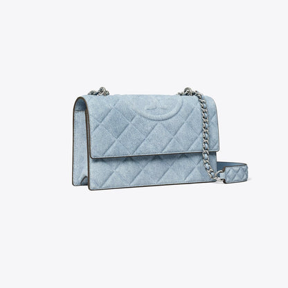 Tory Burch Small Fleming Denim-Print Suede Shoulder Bag Medium Wash Denim
