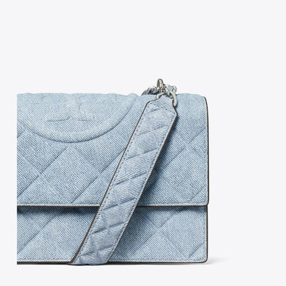 Tory Burch Small Fleming Denim-Print Suede Shoulder Bag Medium Wash Denim