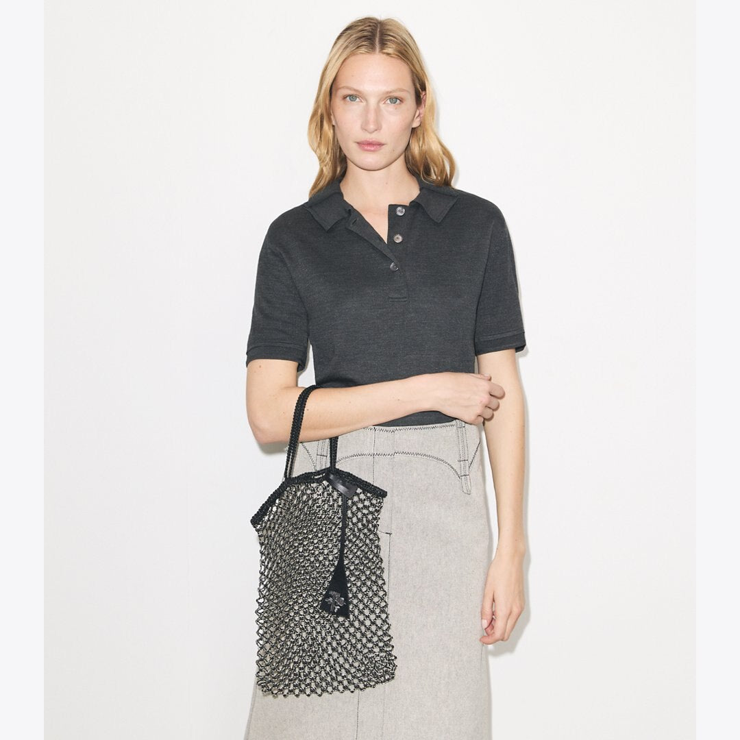 Tory Burch Small Handwoven Chain Mesh Tote Black / Silver