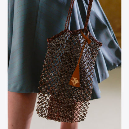 Tory Burch Small Handwoven Chain Mesh Tote Dark Brown / GOLD