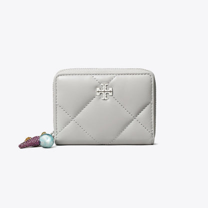 Tory Burch Small Kira Diamond Quilt Charm Zip-Around Wallet Gray