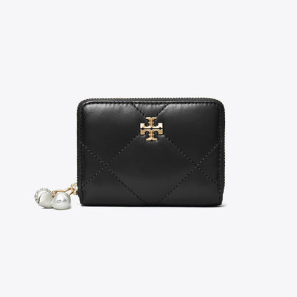 Tory Burch Small Kira Diamond Quilt Charm Zip Wallet Black