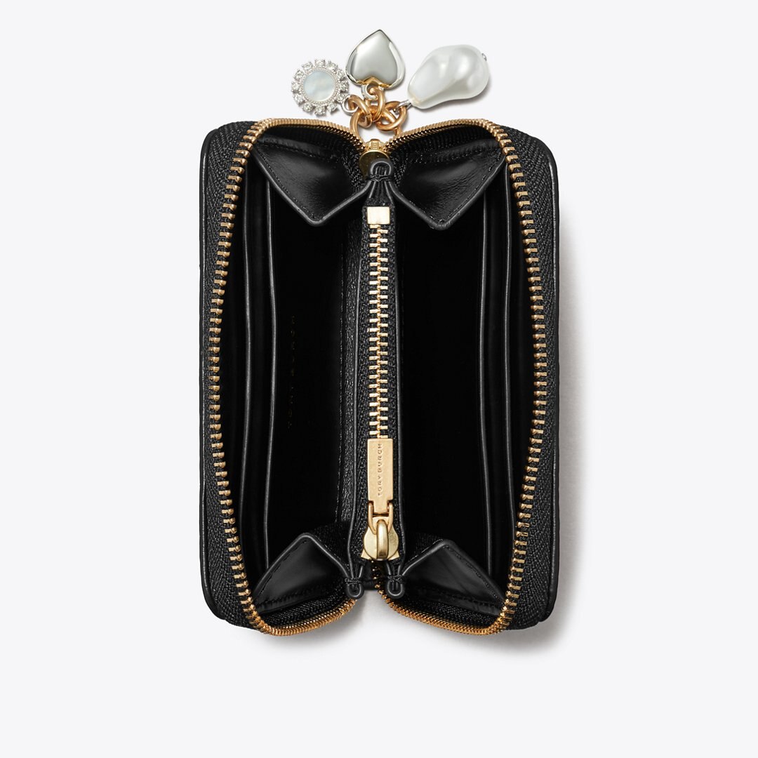 Tory Burch Small Kira Diamond Quilt Charm Zip Wallet Black