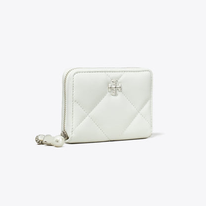 Tory Burch Small Kira Diamond Quilt Distressed Charm Zip-Around Wallet Blanc