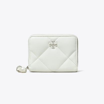 Tory Burch Small Kira Diamond Quilt Distressed Charm Zip-Around Wallet Blanc