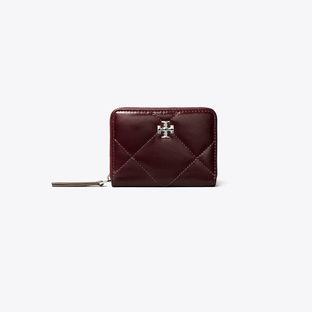 Tory Burch Small Kira Diamond Quilt Distressed Zip-Around Wallet Dark Carmine