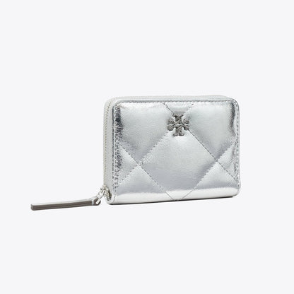 Tory Burch Small Kira Diamond Quilt Metallic Zip-Around Wallet Silver
