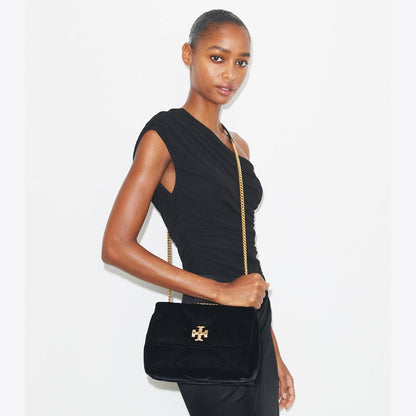Tory Burch Small Kira Diamond Quilt Velvet Pav Shoulder Bag Black
