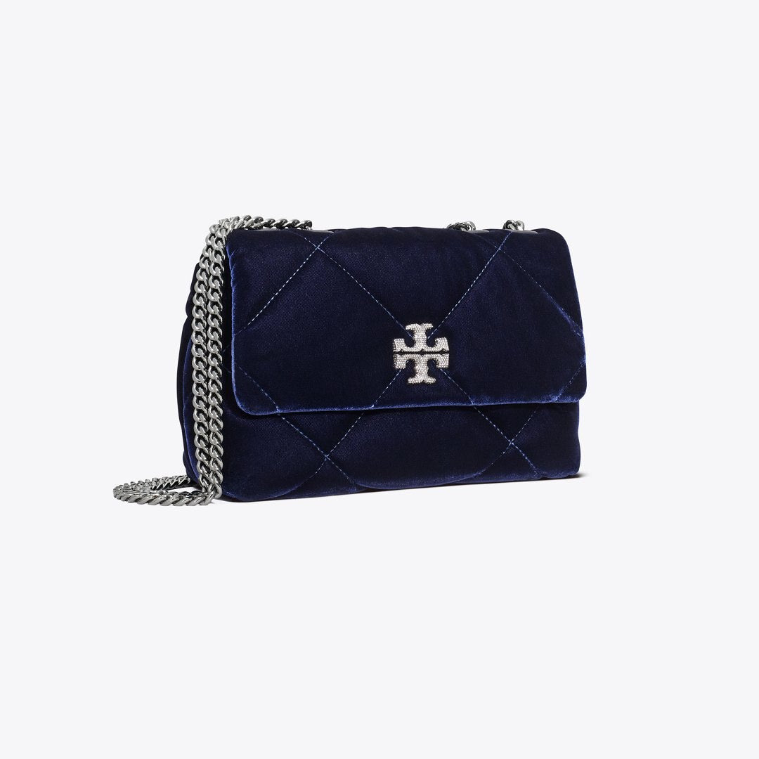 Tory Burch Small Kira Diamond Quilt Velvet Pav Shoulder Bag PERFECT NAVY