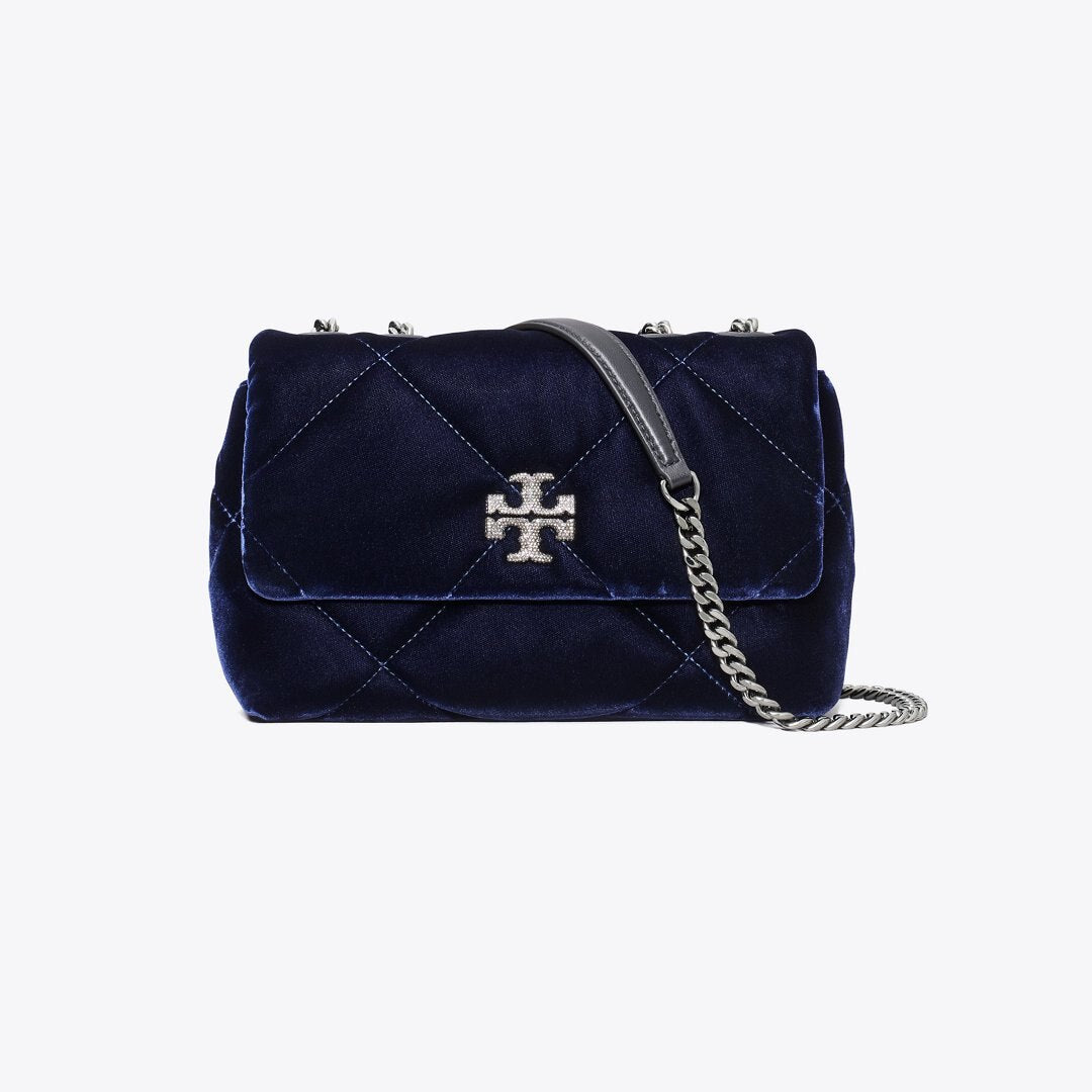 Tory Burch Small Kira Diamond Quilt Velvet Pav Shoulder Bag PERFECT NAVY