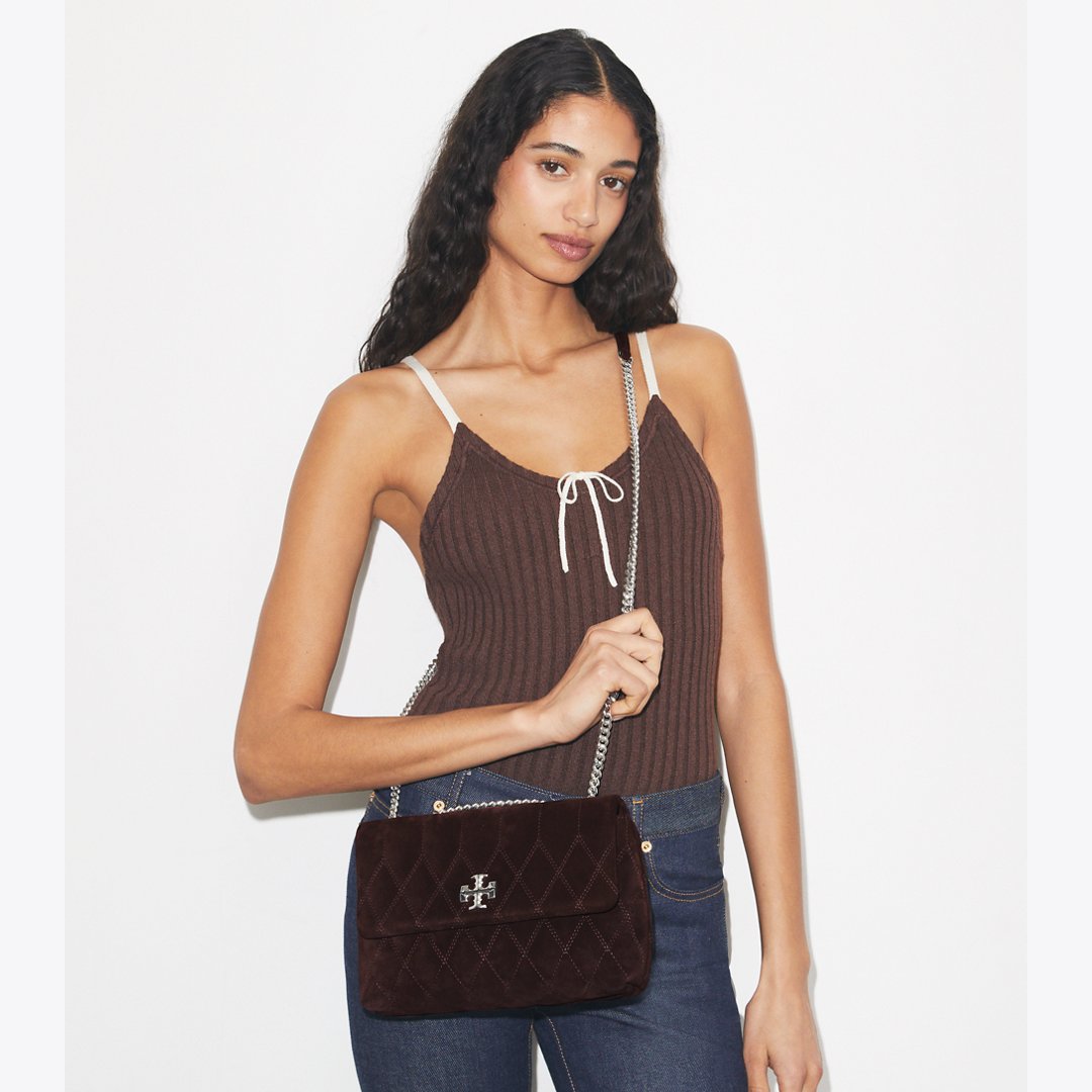 Tory Burch Small Kira Quilt Suede Shoulder Bag Licorice