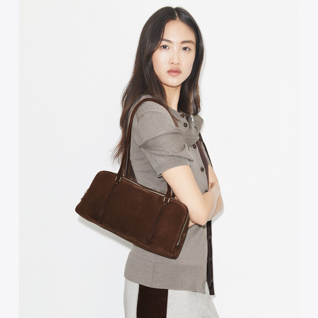 Tory Burch Small Marshmallow Suede Satchel Dark Cocoa