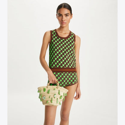 Tory Burch Small Raffia Embroidered Tote Wild Leaves