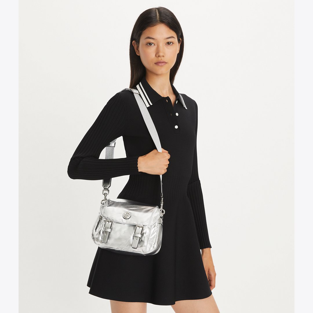 Tory Burch Small Virginia Metallic Messenger Silver