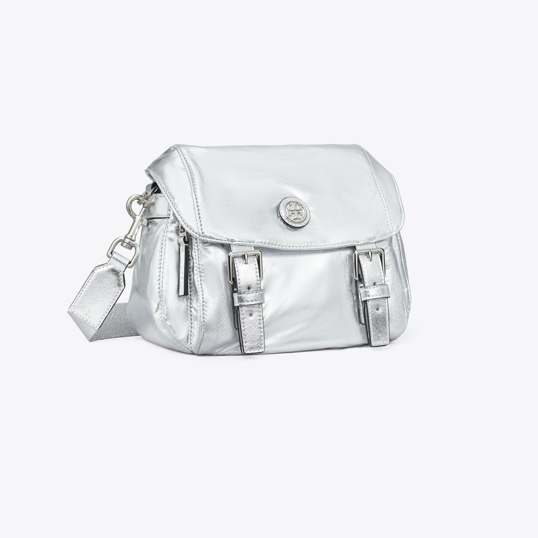 Tory Burch Small Virginia Metallic Messenger Silver