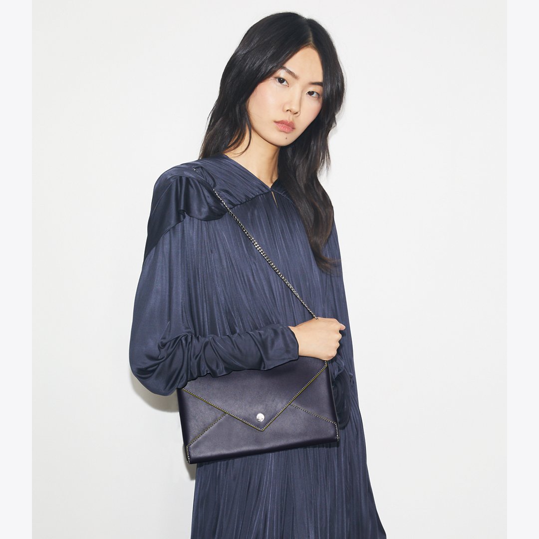 Tory Burch Smooth Leather Envelope Chain Pouch Midnight