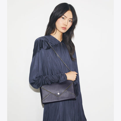 Tory Burch Smooth Leather Envelope Chain Pouch Midnight