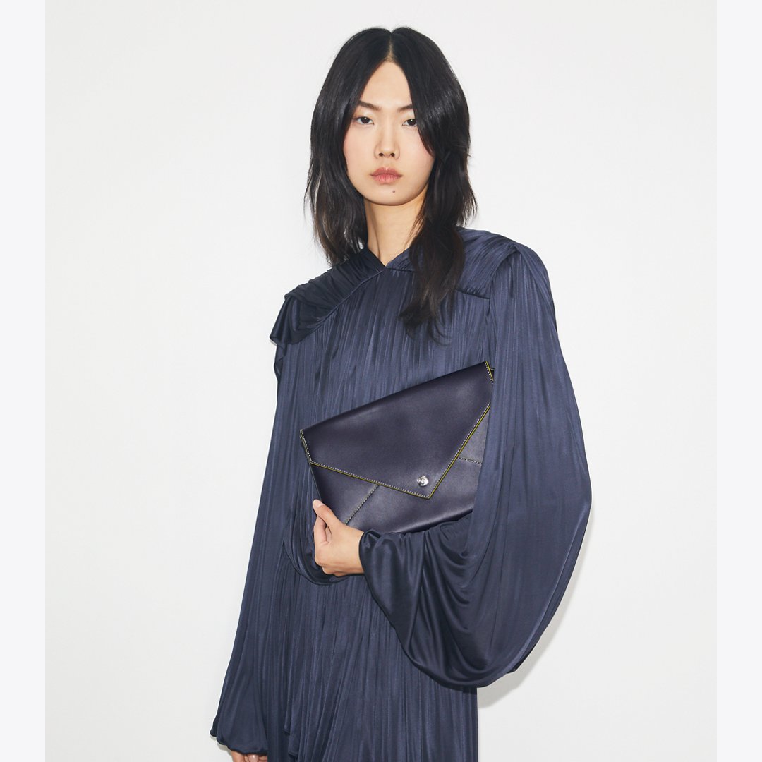 Tory Burch Smooth Leather Envelope Chain Pouch Midnight