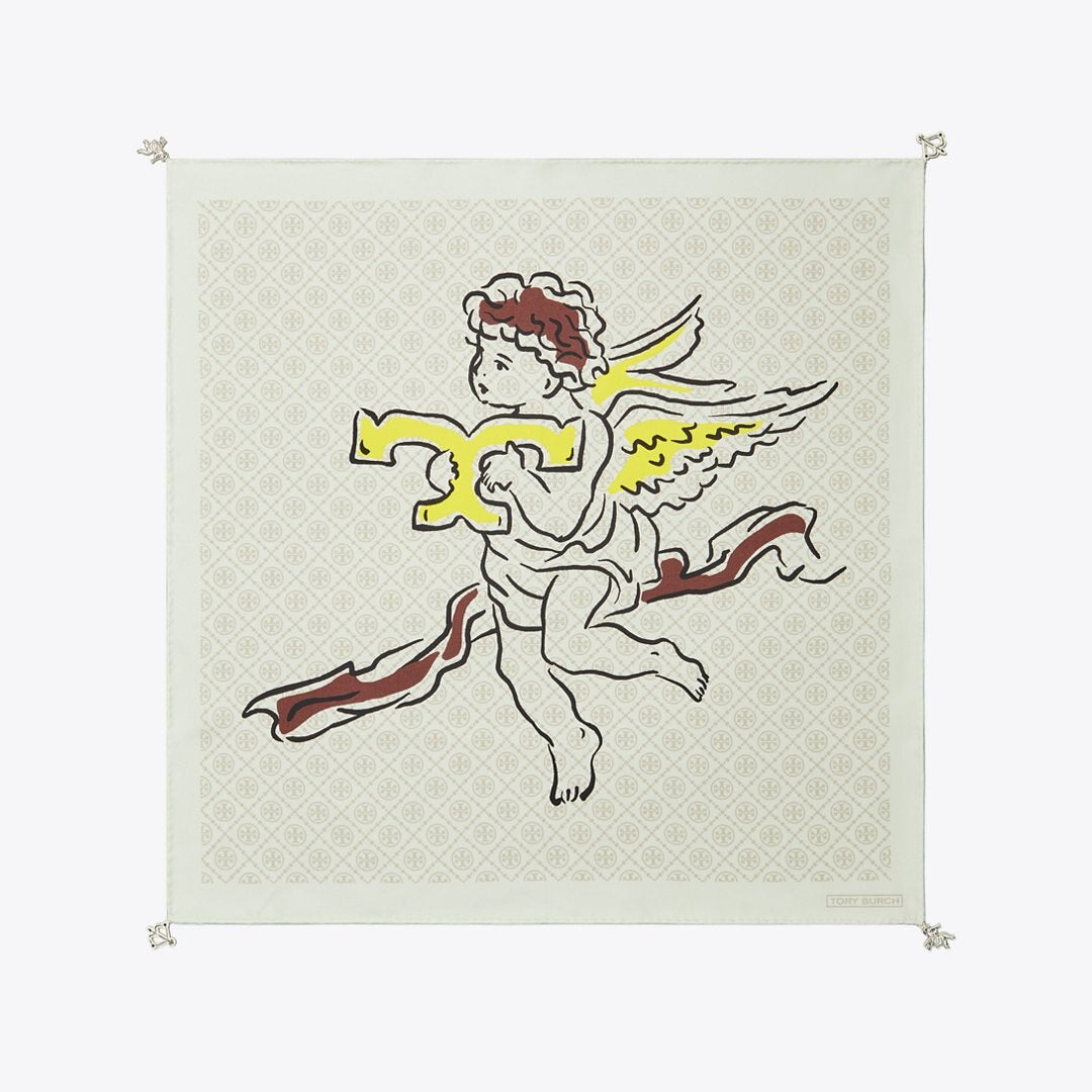 Tory Burch T Monogram Cherub Silk Neckerchief Beige Cherubs