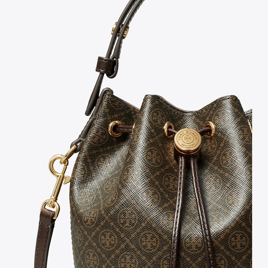 Tory Burch T Monogram Coated Canvas Mini Bucket Bag French Press