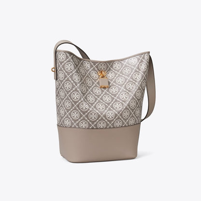 Tory Burch T Monogram Coated Jacquard Lock Slim Bucket Bag Charcoal