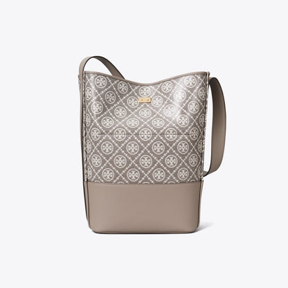 Tory Burch T Monogram Coated Jacquard Lock Slim Bucket Bag Charcoal
