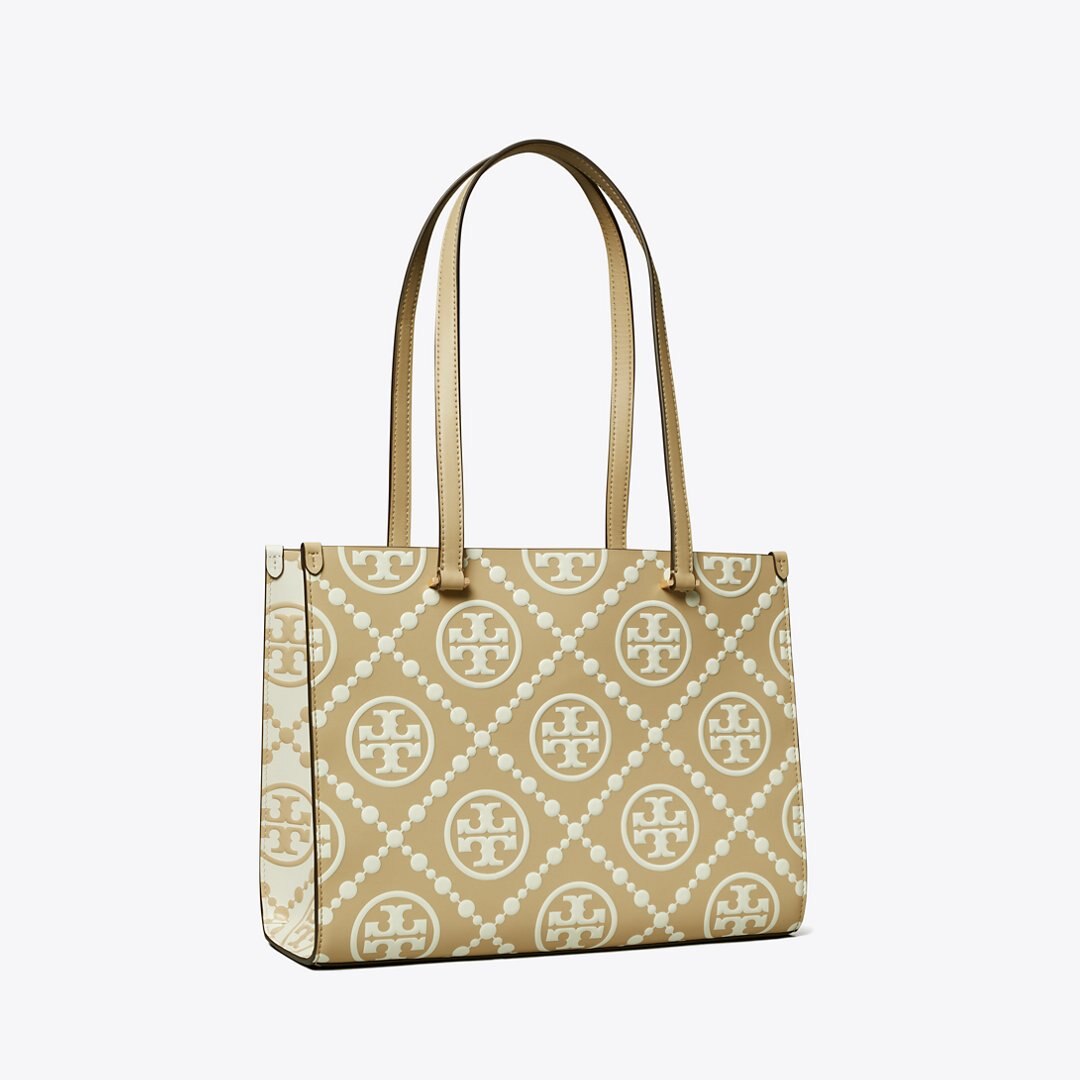 Tory Burch T Monogram Contrast Embossed Small Tote Beige