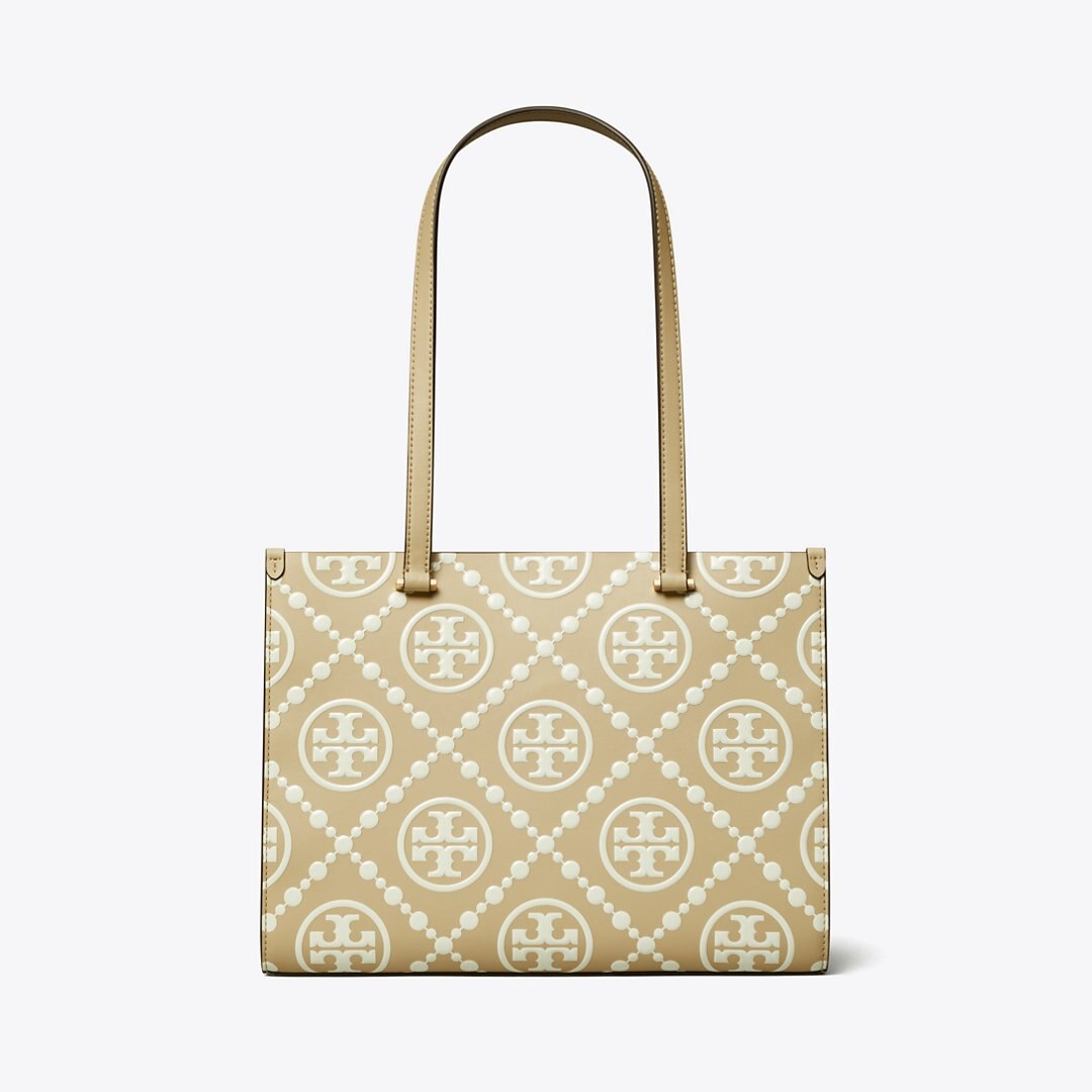 Tory Burch T Monogram Contrast Embossed Small Tote Beige