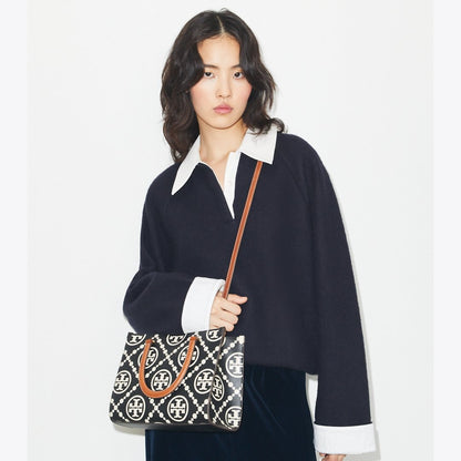 Tory Burch T Monogram Contrast Embossed Top-Handle Tote Black/White