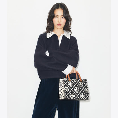 Tory Burch T Monogram Contrast Embossed Top-Handle Tote Black/White