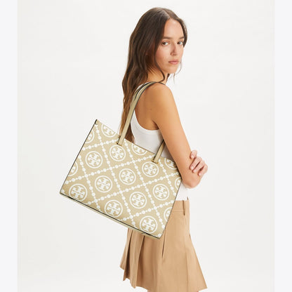 Tory Burch T Monogram Contrast Embossed Tote Beige