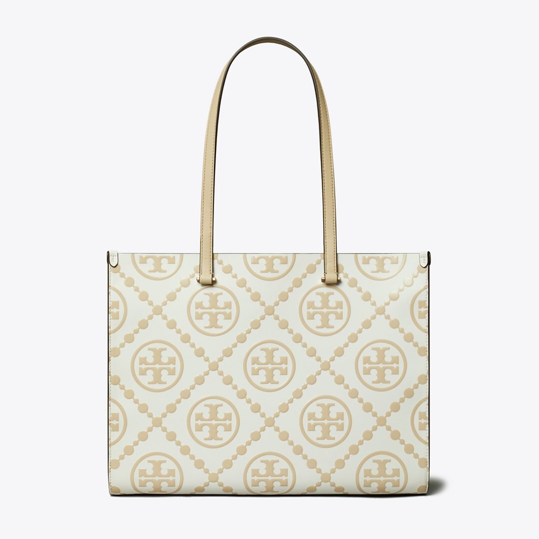 Tory Burch T Monogram Contrast Embossed Tote Beige