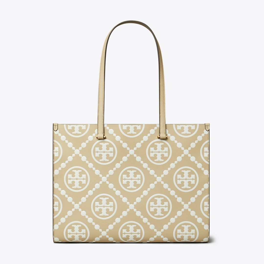 Tory Burch T Monogram Contrast Embossed Tote Beige