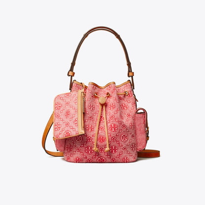Tory Burch T Monogram Denim Bucket Bag Brilliant Red