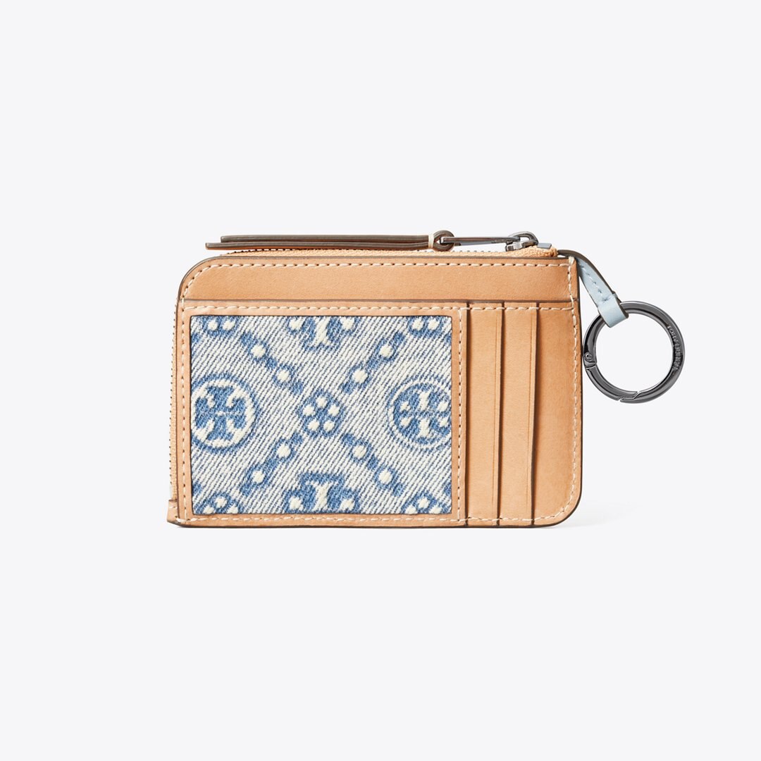 Tory Burch T Monogram Denim Zip Card Case Powder Blue
