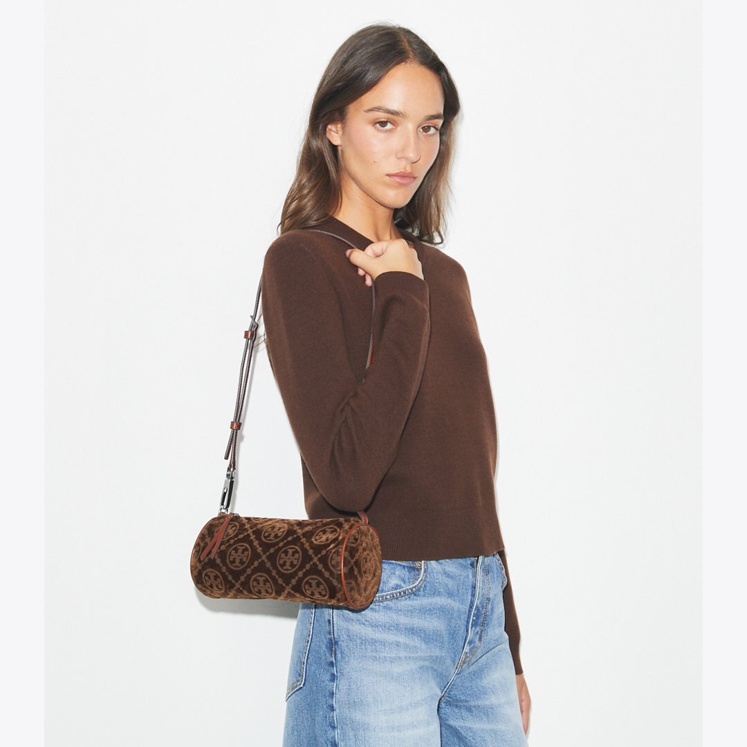 Tory Burch T Monogram Flocked Cylinder Bag Sun Beige