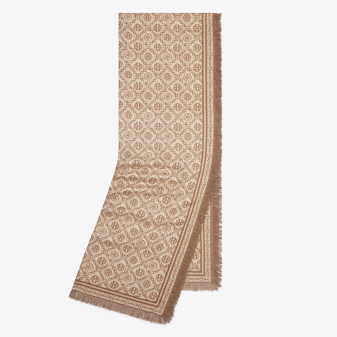 Tory Burch T Monogram Floral Oblong Scarf Chocolate T Monogram