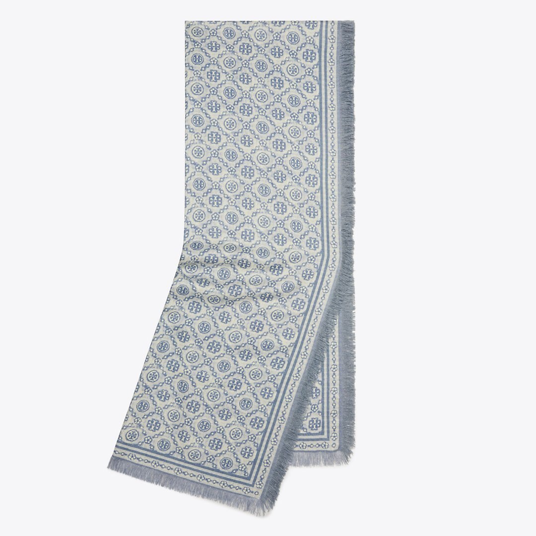 Tory Burch T Monogram Floral Oblong Scarf Blue T Monogram