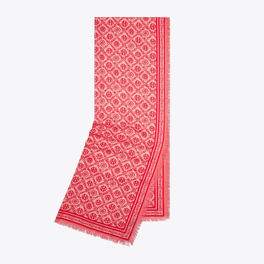 Tory Burch T Monogram Floral Oblong Scarf Red T Monogram